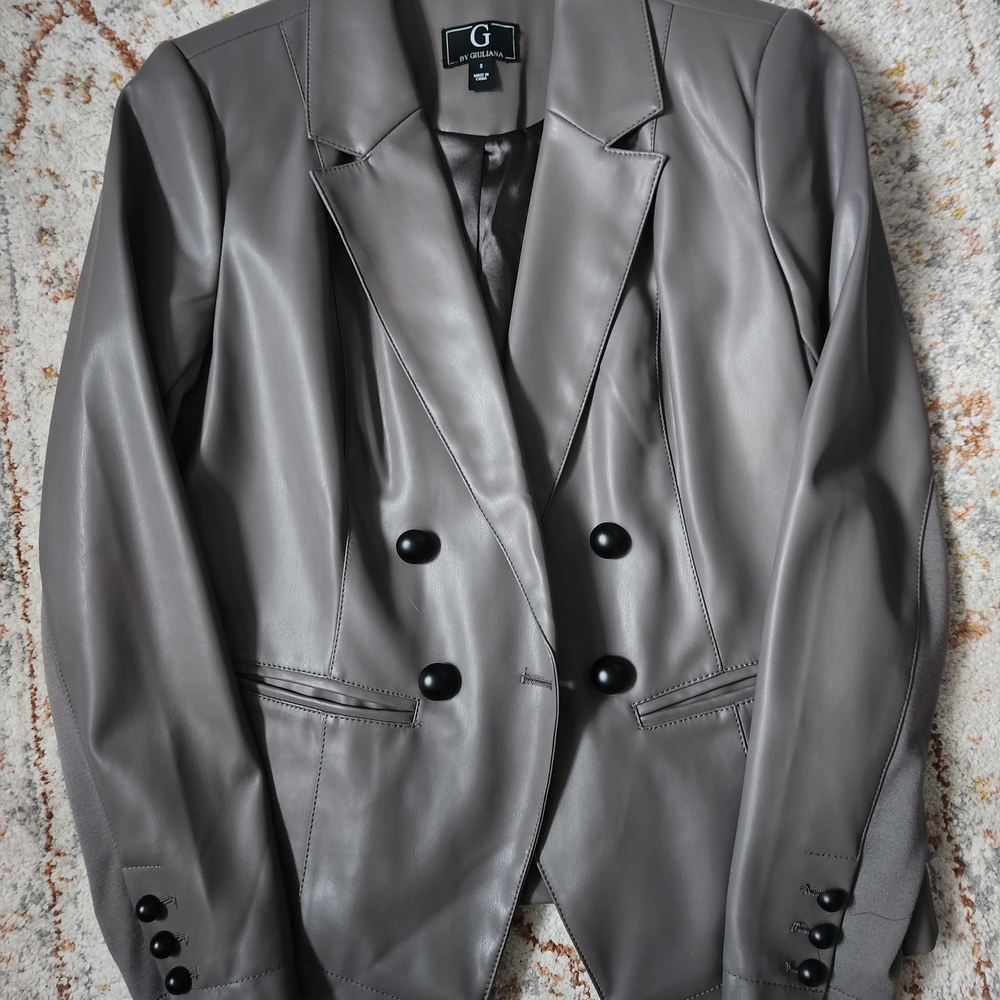 G by Giuliana Taupe Faux-Leather Double-Breasted Blazer